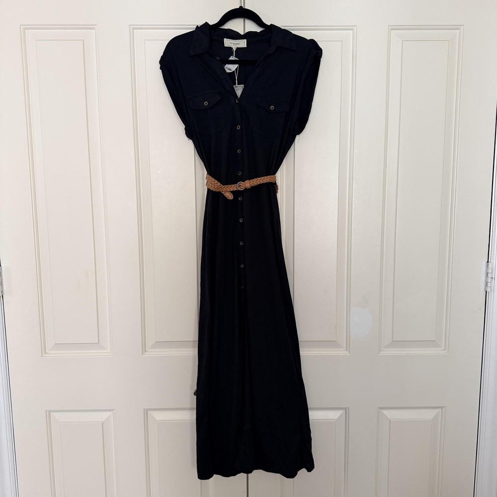 No Comment Dress Womens XL Black Shirt Maxi Button Front Belted Short Sleeve